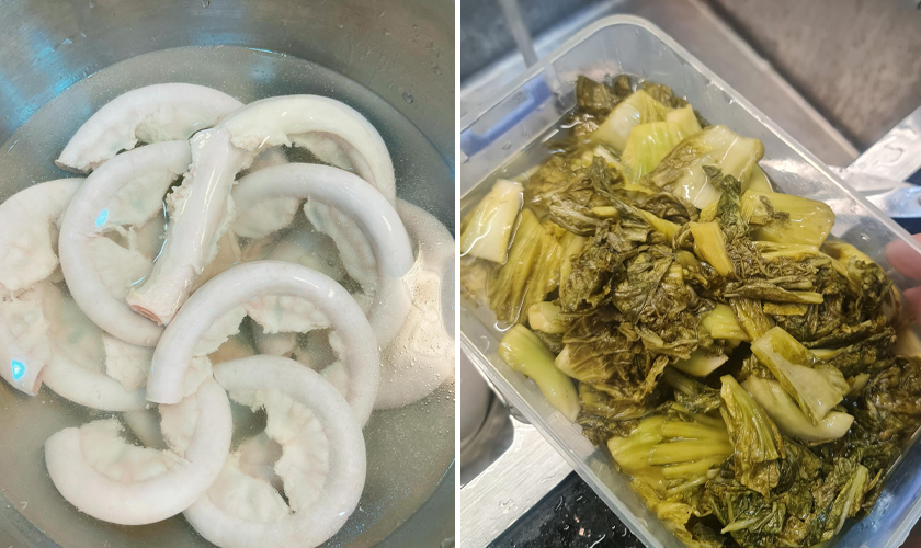 Sơ chế lòng heo và dưa cải chua